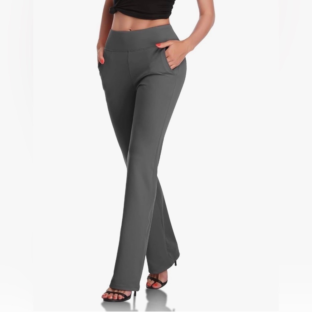 Women's Dark Green Flared Yoga Dress Pants High Waist Stretchy w/ Pockets S